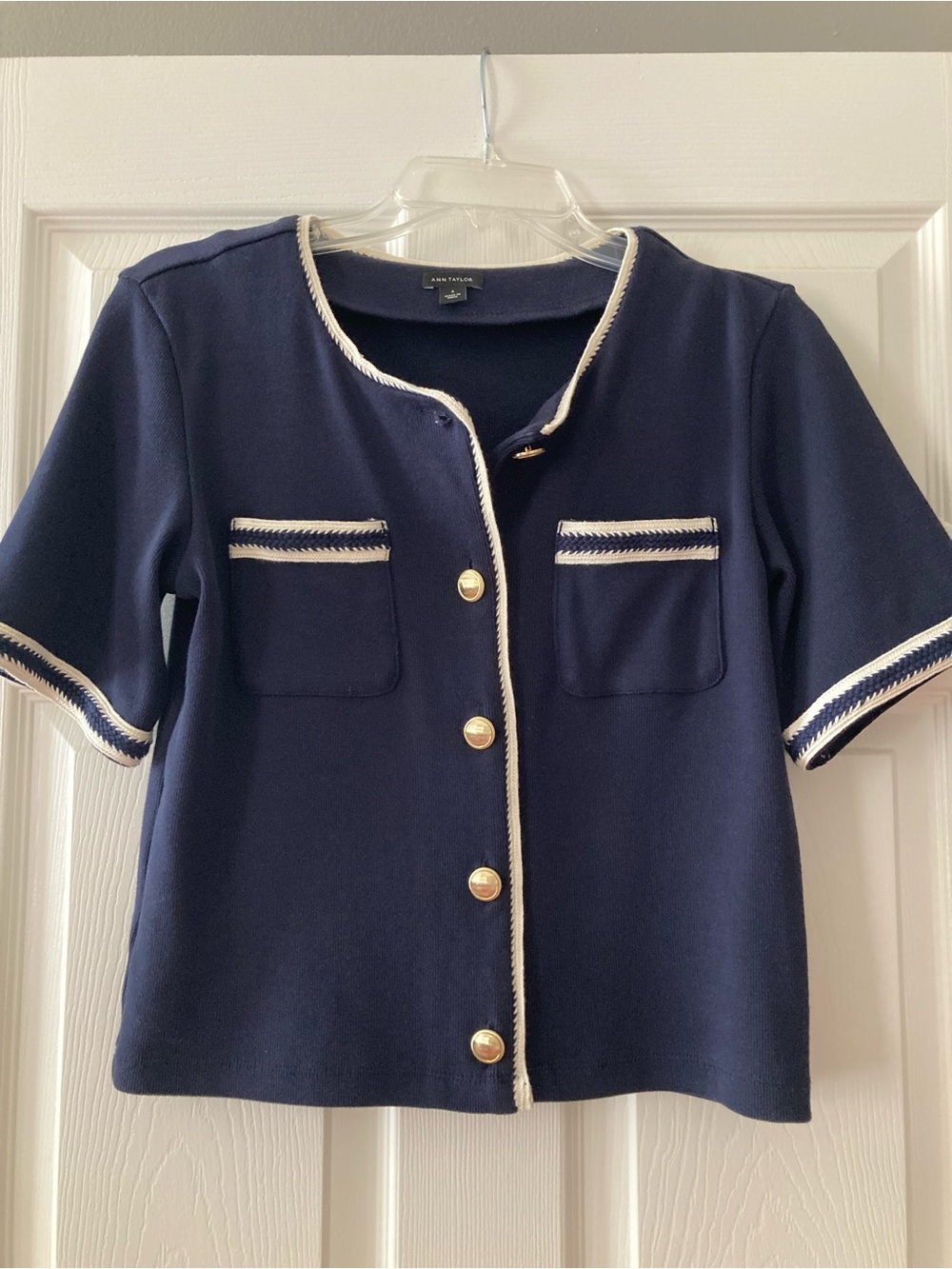 Ann Taylor Navy and White Short Sleeve Button Cardigan